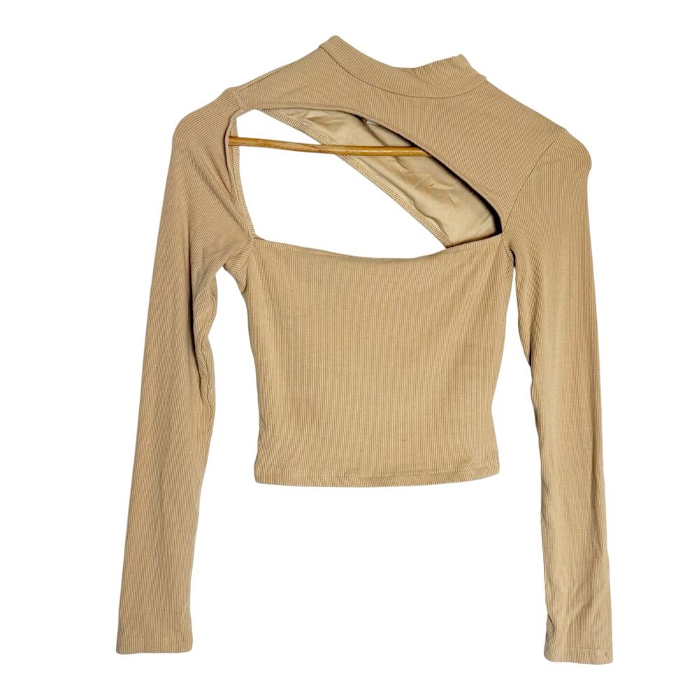Tiger Mist Tan Beige Long Sleeve Mock Neck Asymmetric Cut Out Rib Cropped Top S